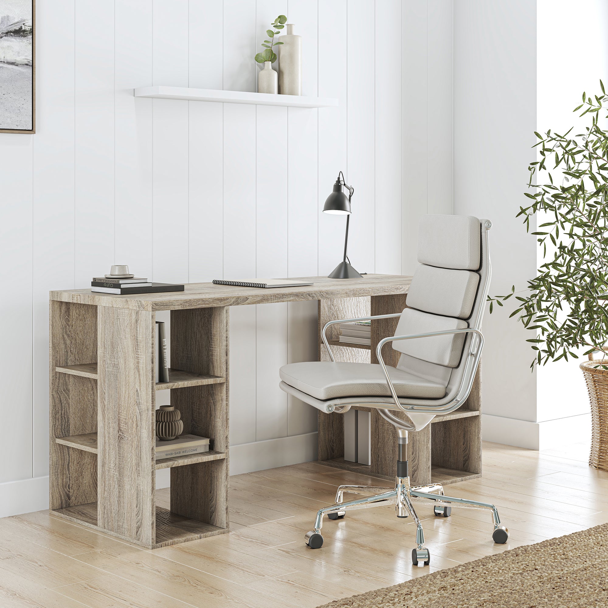 Bloc Desk with Storage Shelves - Light Sonoma Oak