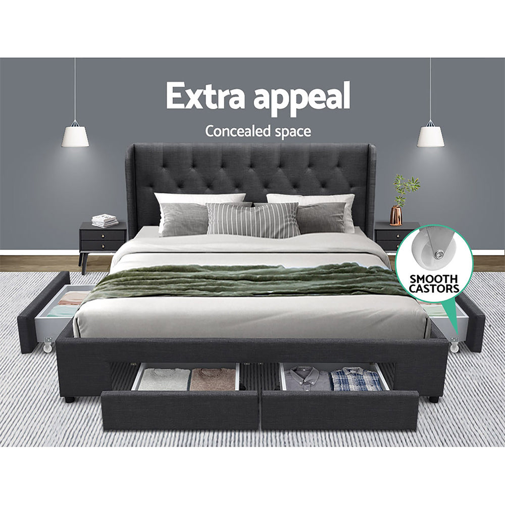 Artiss Bed Frame with 4 Drawers Charcoal MILA - King