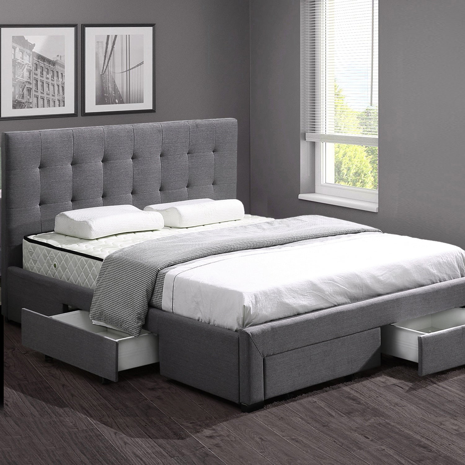 Levede Fabric Bed Frame Double Tufted Dark Grey