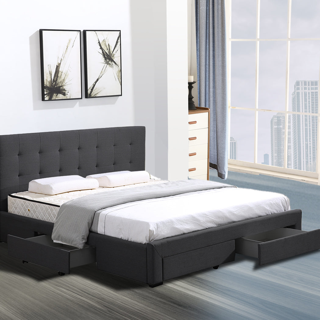 Levede King Bed Frame Fabric 4 Storage Dark Grey