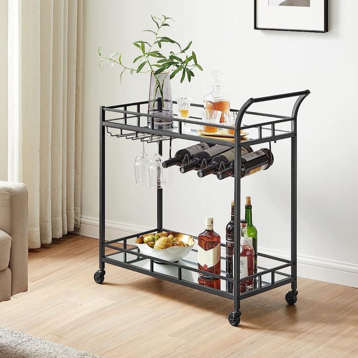 VASAGLE Bar Serving Wine Cart With Wheels And Wine Bottle Holders Black