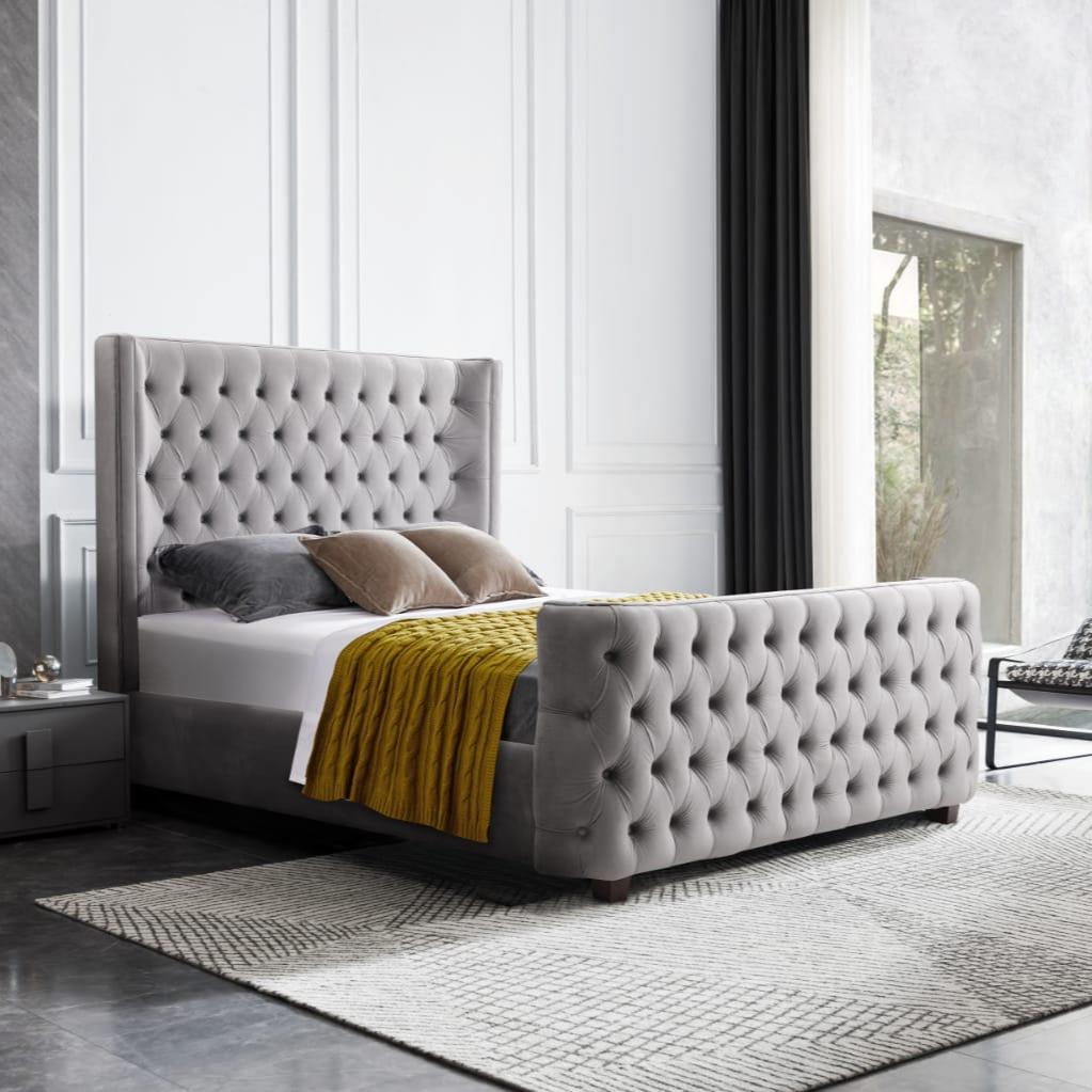 Milan Grey Velvet Tufted  Headboard and End board Bed Frame - King Size