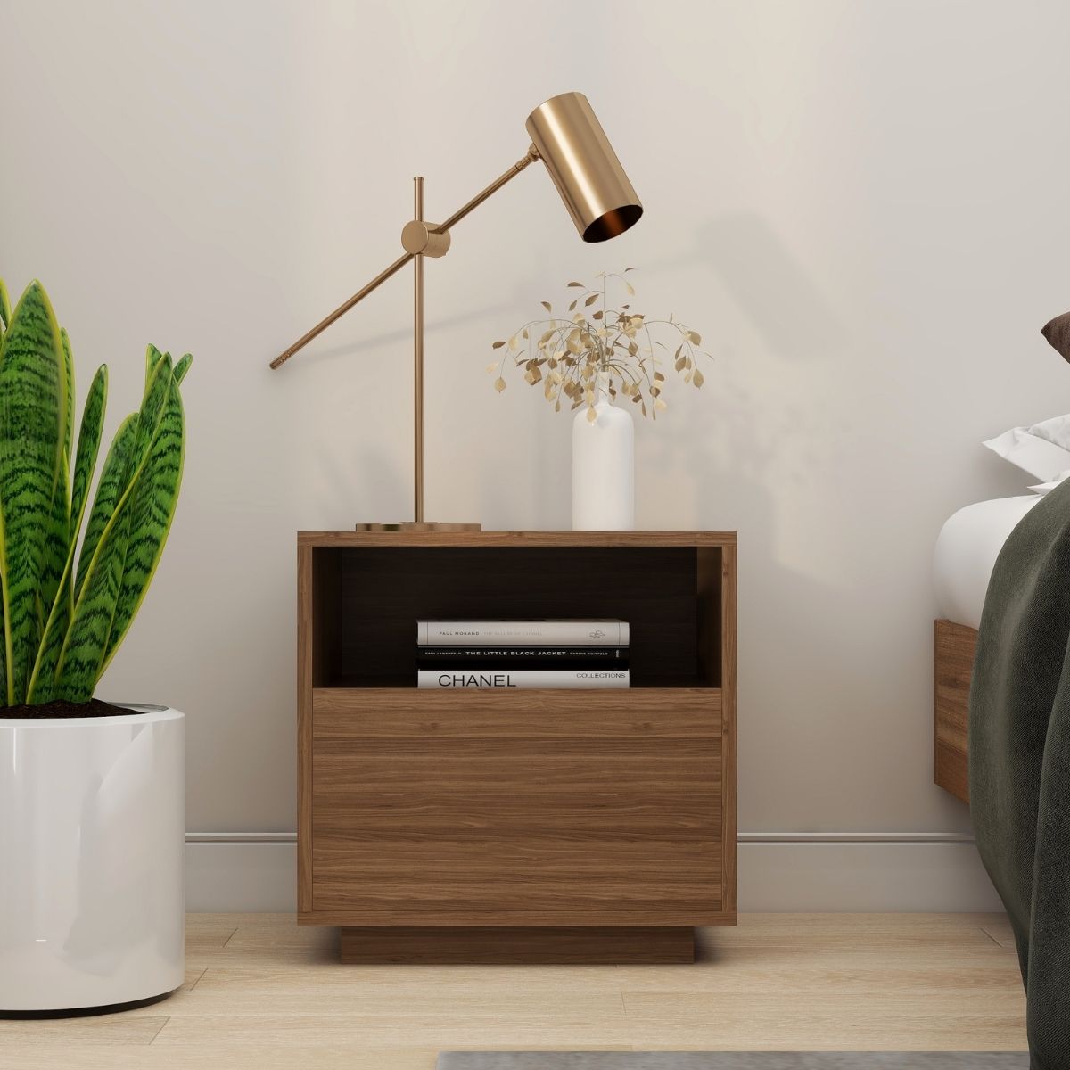 Nola Japandi Style Bedside Table in Walnut