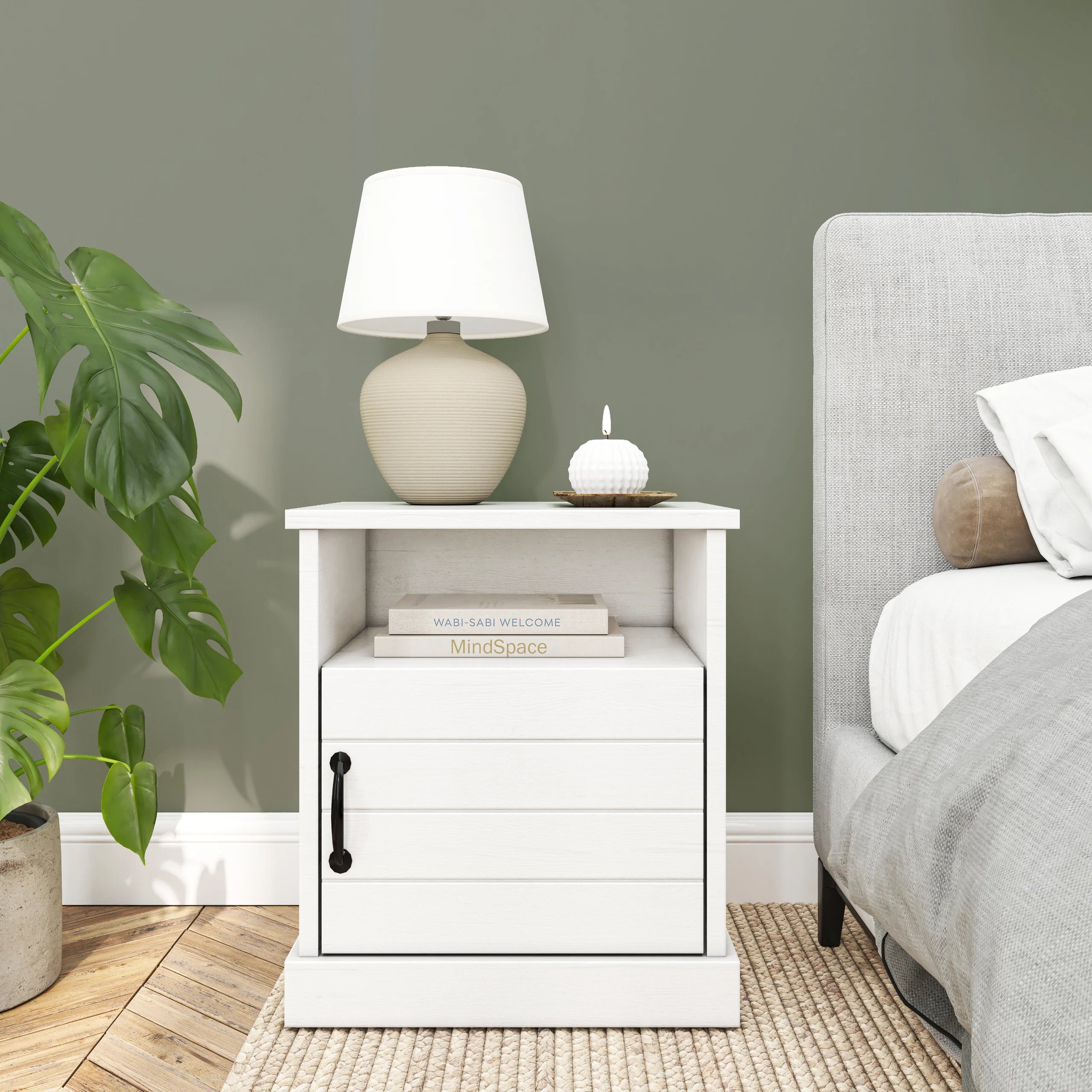 Hamptons 1 Shelf 1 Door Bedside Table - White