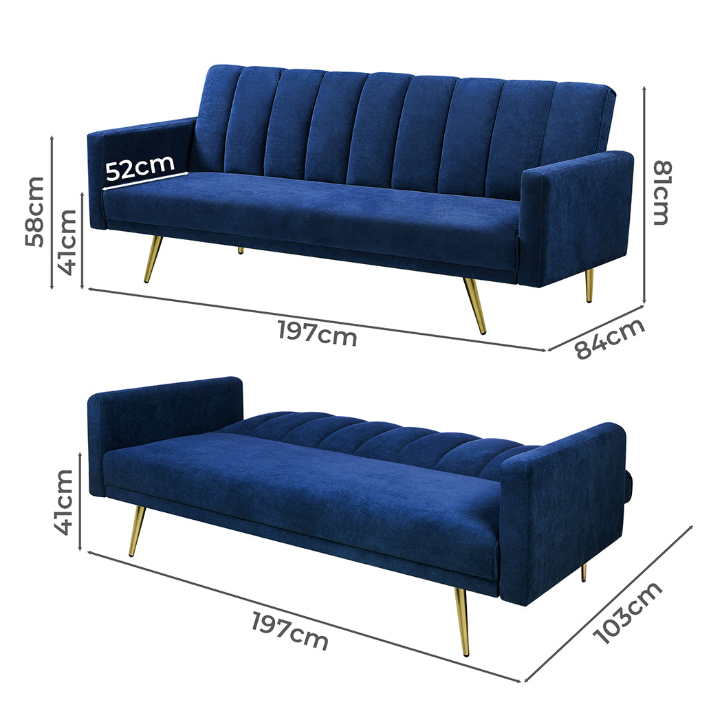 Levede Sofa Bed Convertible Velvet Lounge Recliner Couch Sleeper 3 Seater Blue