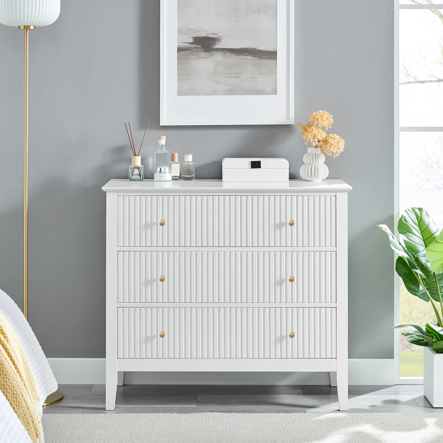 Zara Fluted 3 Drawer Chest - White