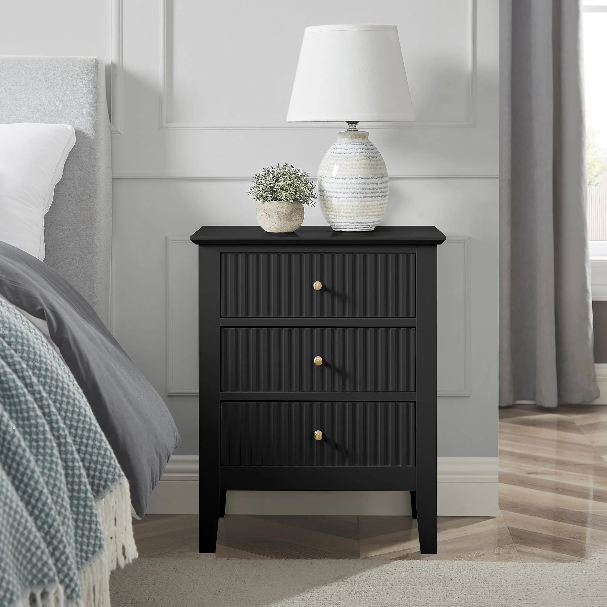 Zara Fluted 3 Drawer Side Table - Black