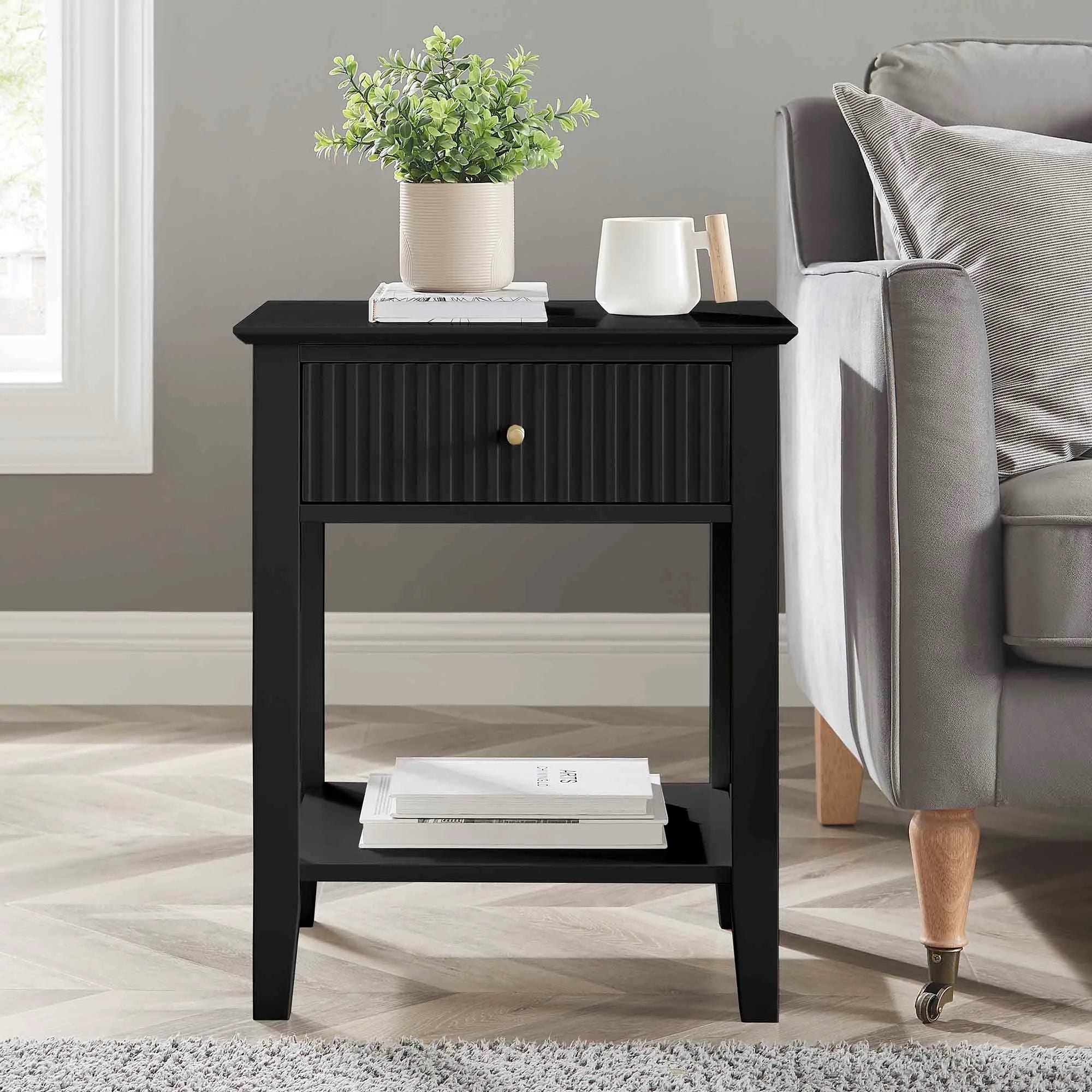 Zara Fluted 1 Drawer Side Table - Black