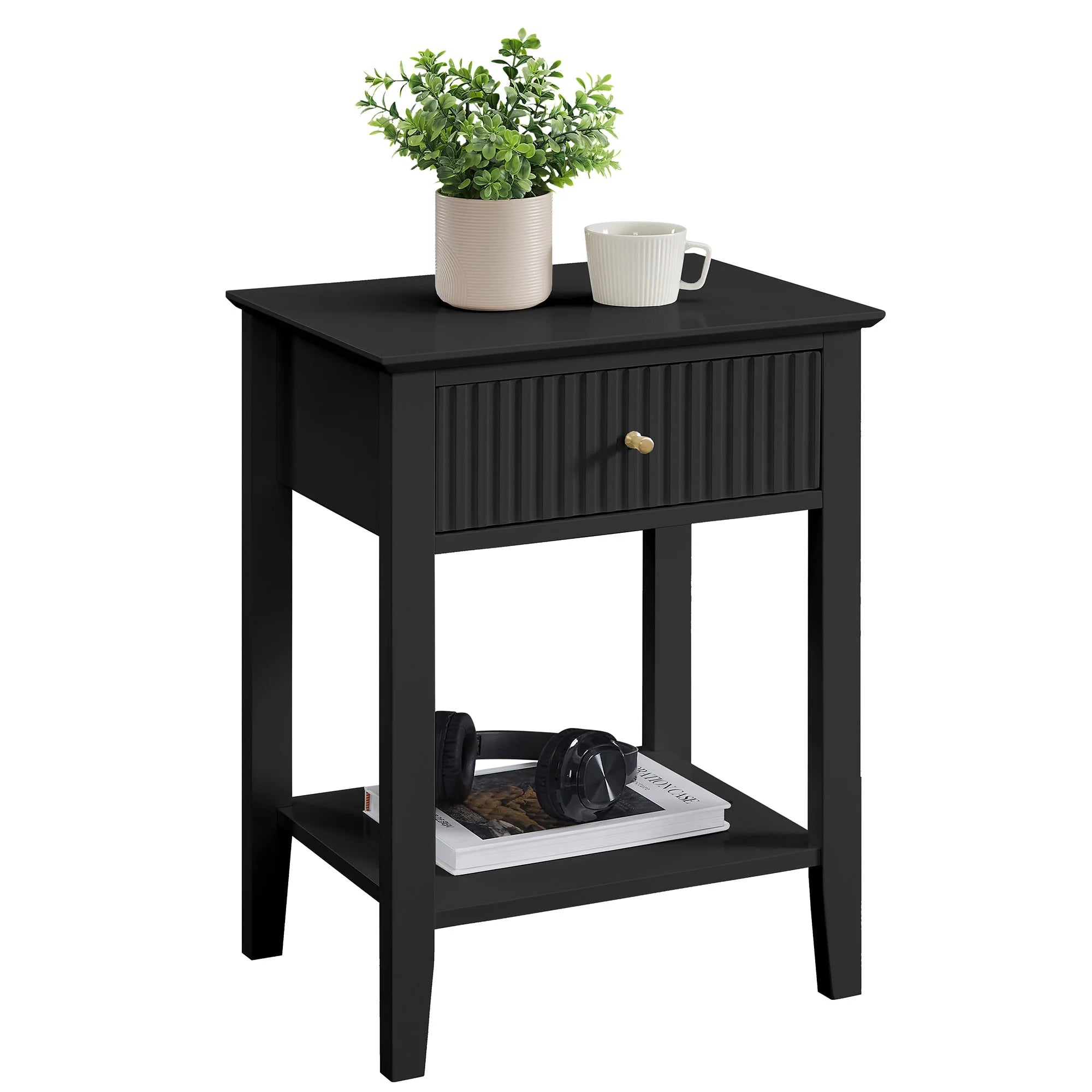 Zara Fluted 1 Drawer Side Table - Black