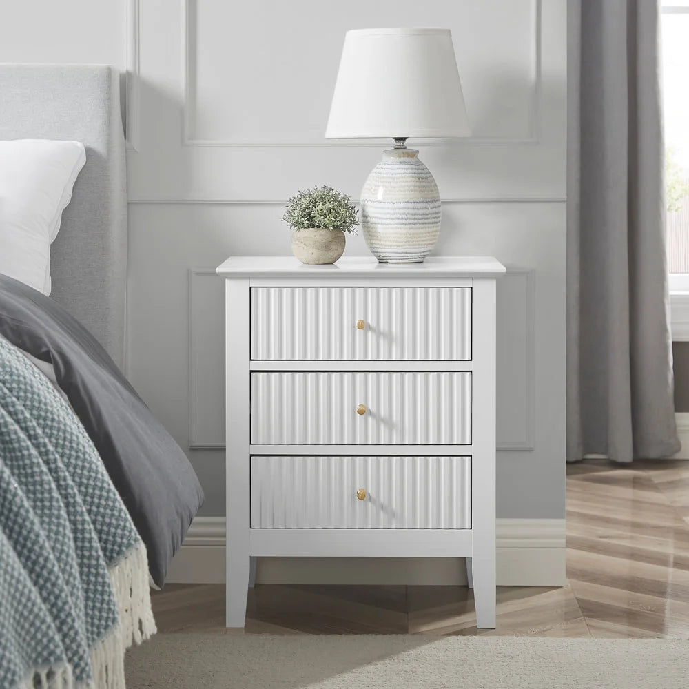 Zara Fluted 3 Drawer Side Table - White