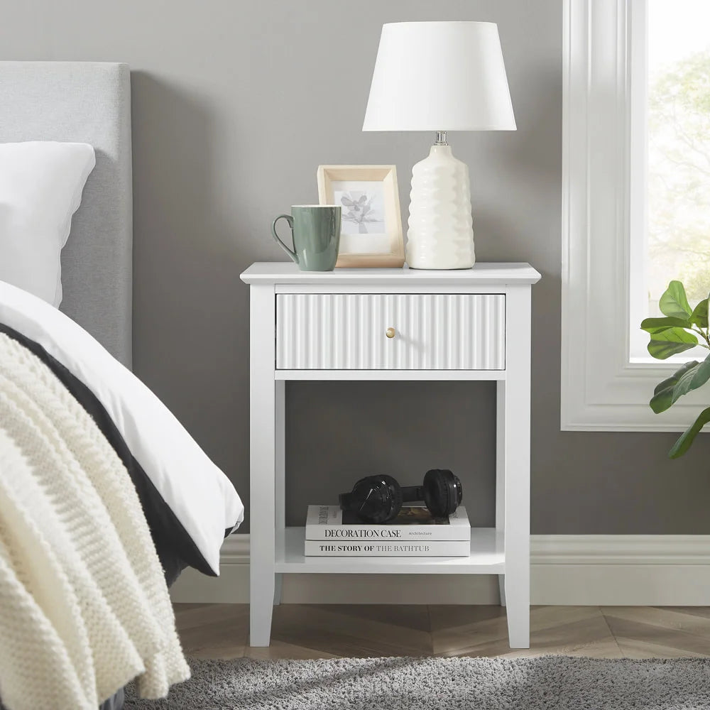 Zara Fluted 1 Drawer Side Table - White