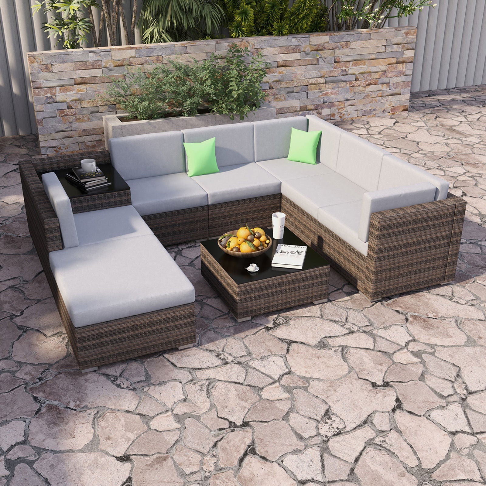 Milano Outdoor 9 Piece Oatmeal Rattan Sofa Set - Black Coating & Grey Seats (6 Boxes)